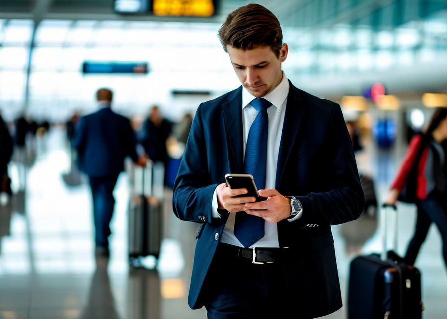 Business traveler checking phone at international airport terminal
