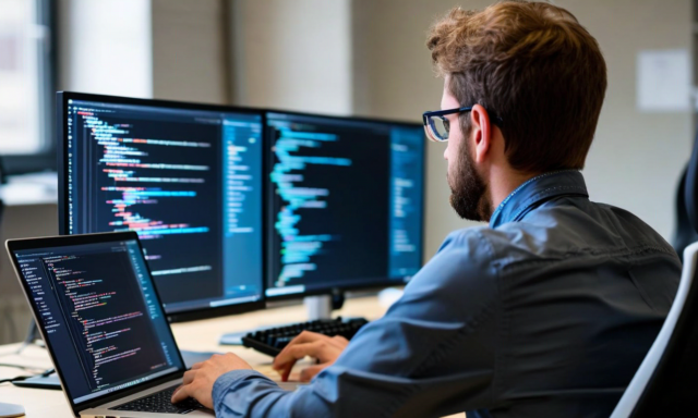 Developer working on laptop with API documentation