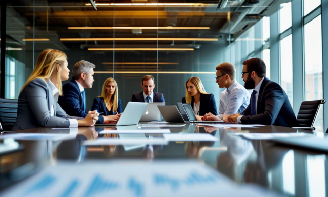 Corporate team in conference room with mobile devices