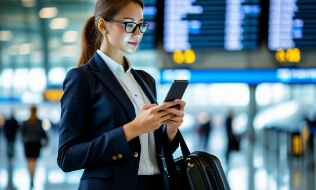 Business traveler comparing SIM card and smartphone